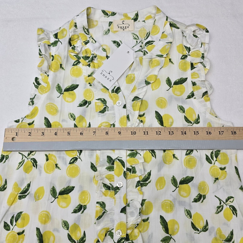 Ember Lemon Print Ruffle Button Front Linen Tank Top Medium Citrus Light Italy - Picture 7 of 8